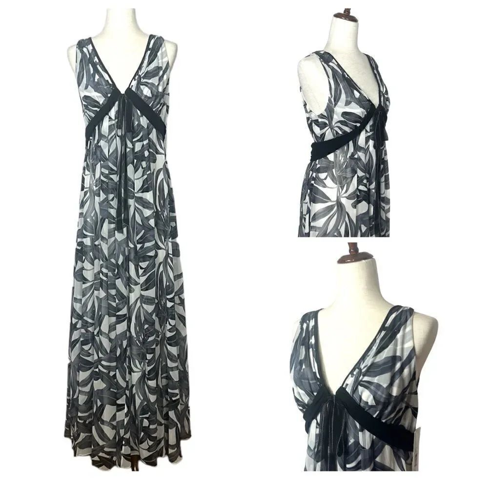 Badgley Mischka Silk Chiffon Empire Maxi Dress Gown Black Ivory Leaf Print US10